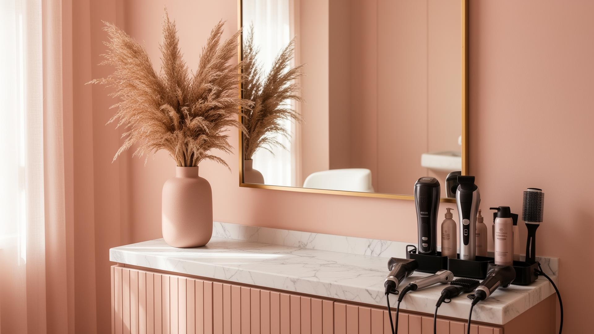 Espaço acolhedor da Bella Essenza com mobiliário em tons rosa nude e dourado