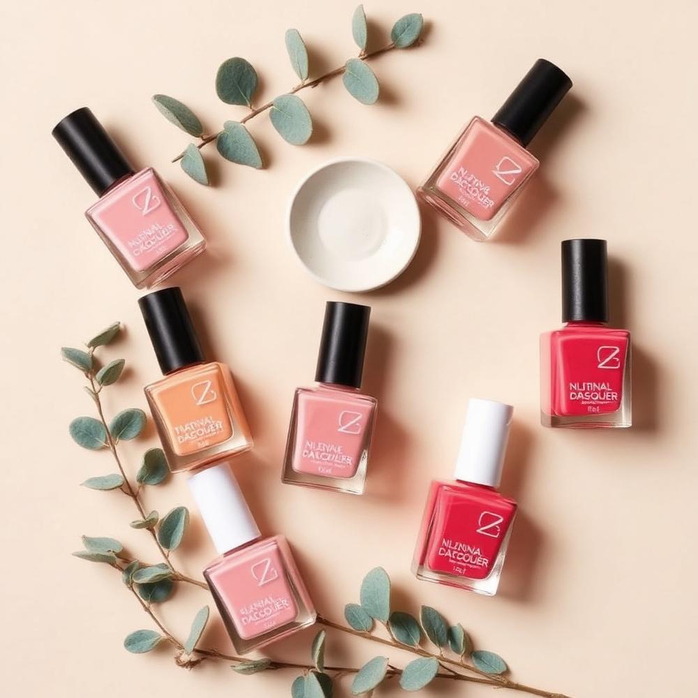 Vernizes da Bella Essenza em tons rosa nude sobre fundo bege